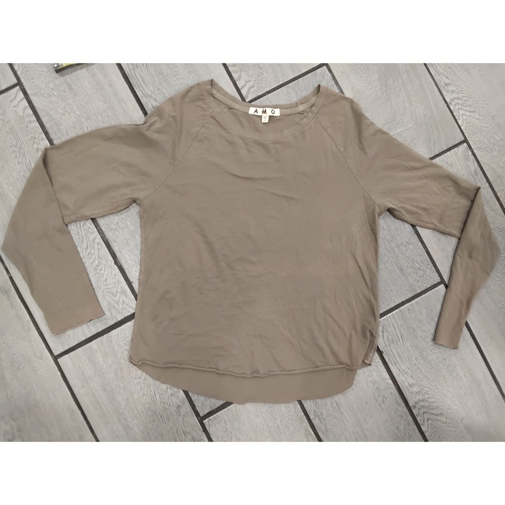 AMO Denim Long Sleeve Raglan Tee Taupe Brown Raw Hem Crew Neck Size S